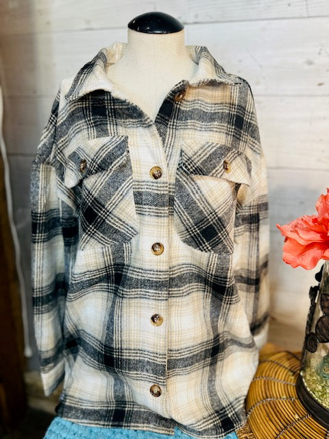 Plaid Front Pockets Shacket with Side Slit