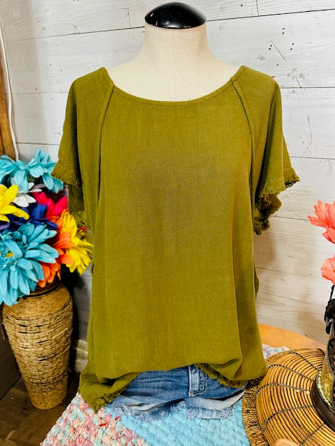 Linen Blend Fray Hem Top