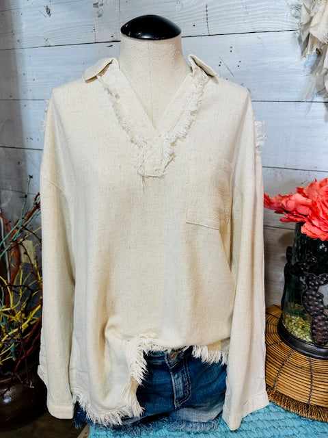 Linen Frayed Top with Pocket