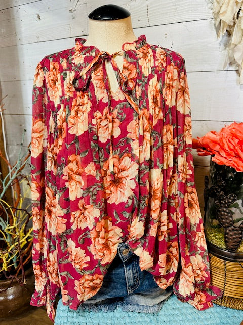 Floral Print Ruffled Long Sleeve Chiffon Blouse