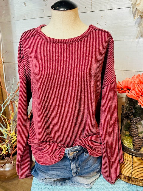 LONG PUFF SLEEVE SOLID URBAN RIBBED TOP