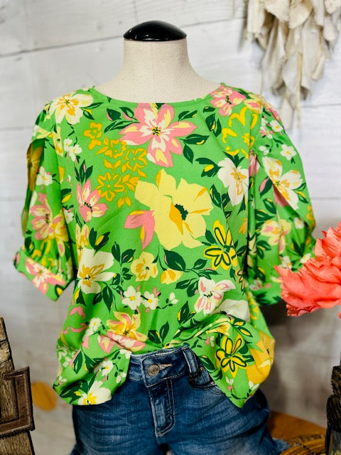 Kelly Green Floral Print Blouse